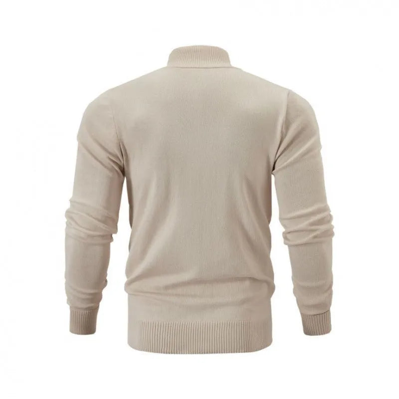 A casual loose-fit cotton cardigan with a stand collar and a full front zipper, shown in a solid colour.