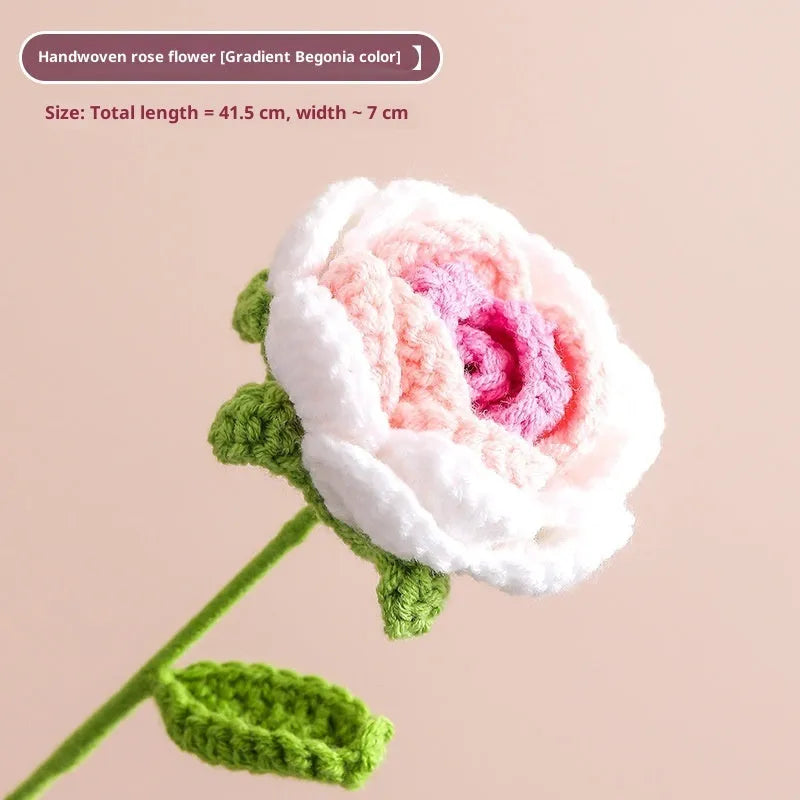 Hand-woven yarn artificial rose bouquet in gradient pink colour for wedding decoration