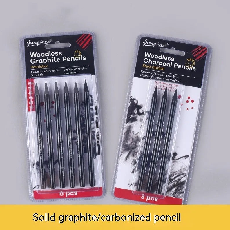 Wooden case containing six graphite pencils and three carbonized pencils for drawing, presented on a white suction card.