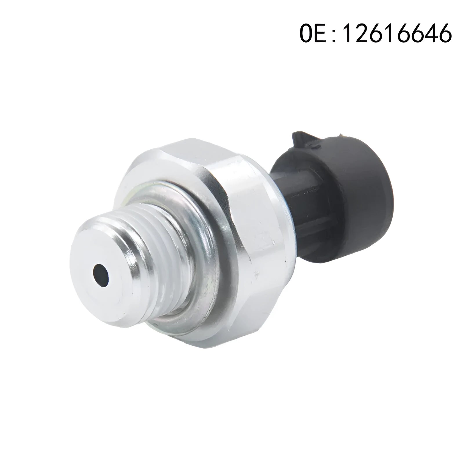 Silver metal fuel pressure sensor for automotive use, compatible with GM models.
