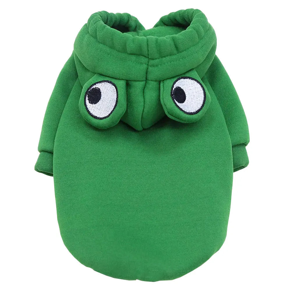 Green frog pattern pet hoodie for small dogs and cats with hood, showing chest girth measurement points