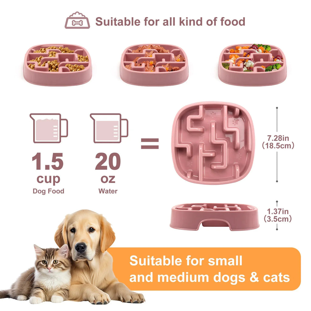 Square macaron-coloured slow feeder bowl with maze pattern for dogs and cats.