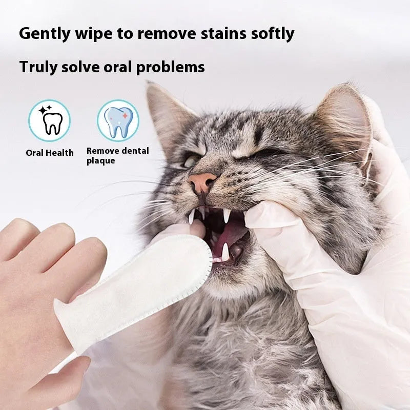 Pack of 50 white pet dental finger cots for cleaning dog and cat teeth, made from non-woven fabric