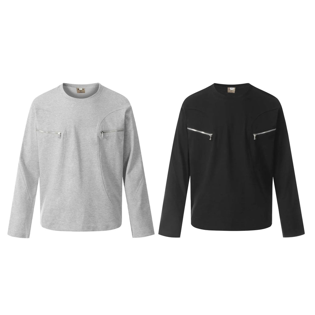 A man or woman wearing a loose grey cotton long sleeve retro pullover.