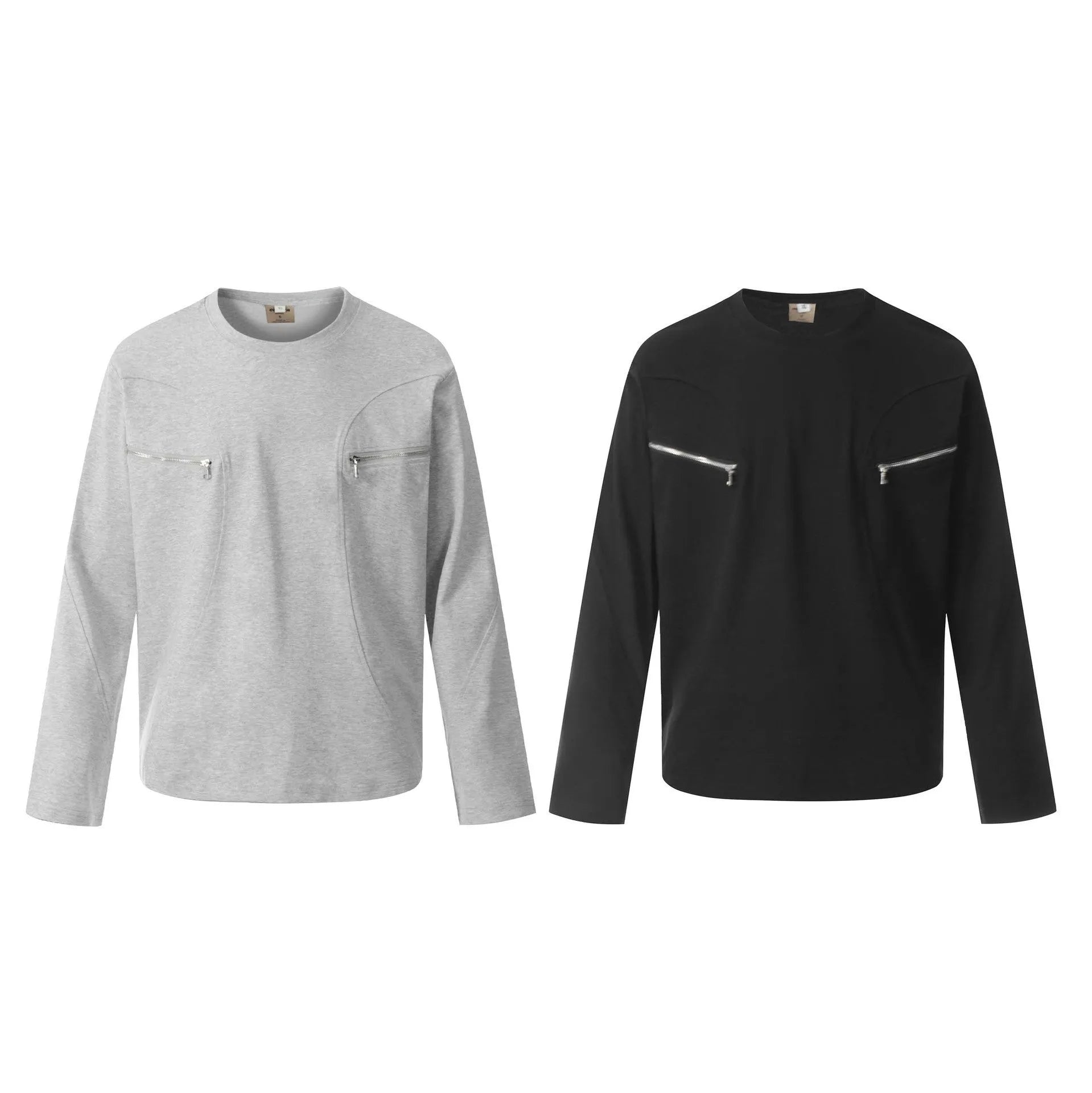 A man or woman wearing a loose grey cotton long sleeve retro pullover.
