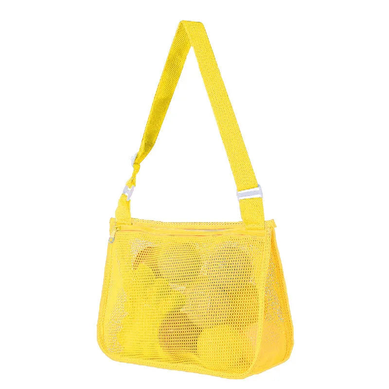 Blue nylon mesh travel storage bag with black handle and zip seal for children's clothing organisation