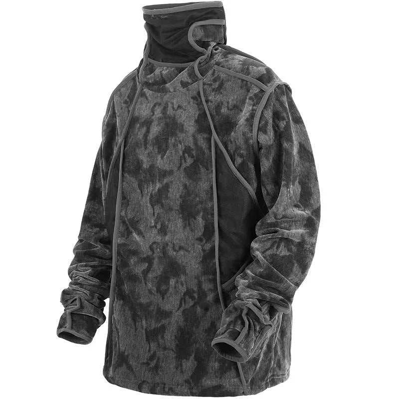 Men's black tie dye printed sweater with finger turtleneck collar and drop shoulder sleeves