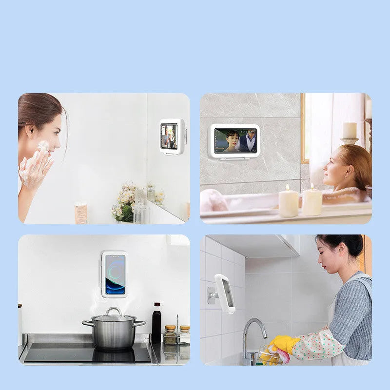 Waterproof phone holder showing anti-fog touchscreen window and universal phone compartment