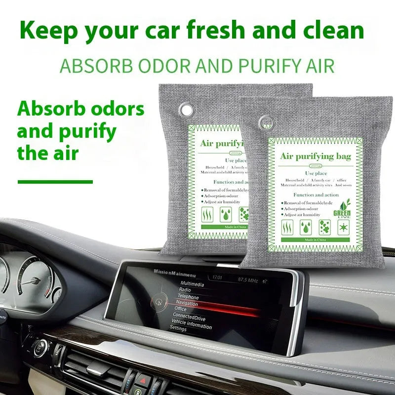 Sew-style fabric bag filled with dark bamboo charcoal for air purification and odour removal.