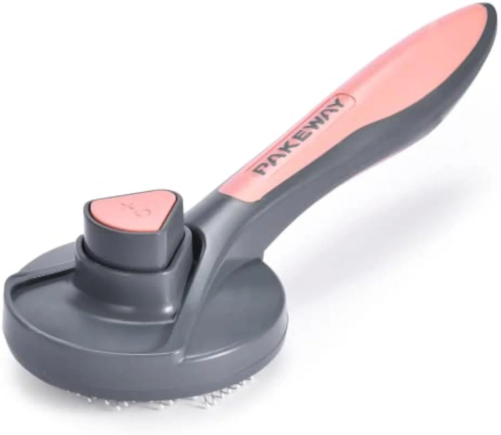Grey, green, or pink self-cleaning slicker brush for grooming cats and dogs on a white background