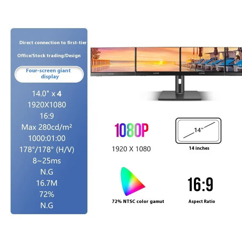 HD 14-inch dual screen LCD monitor with IPS panel in black, 1920x1080 resolution, USB connection
