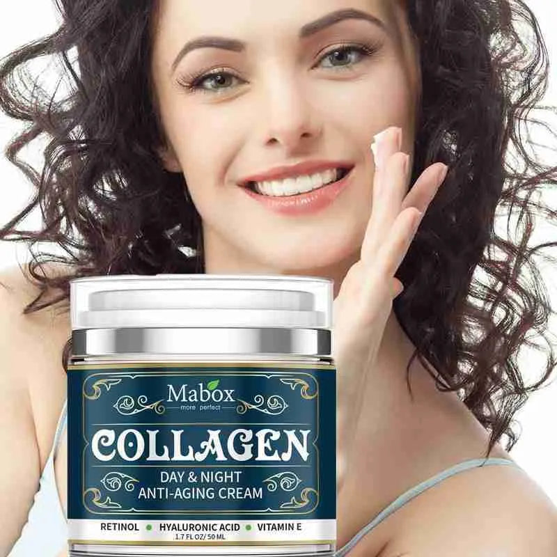 Blue jar of 50g Collagen Moisturizing Facial Cream with SPF10 for day and night use