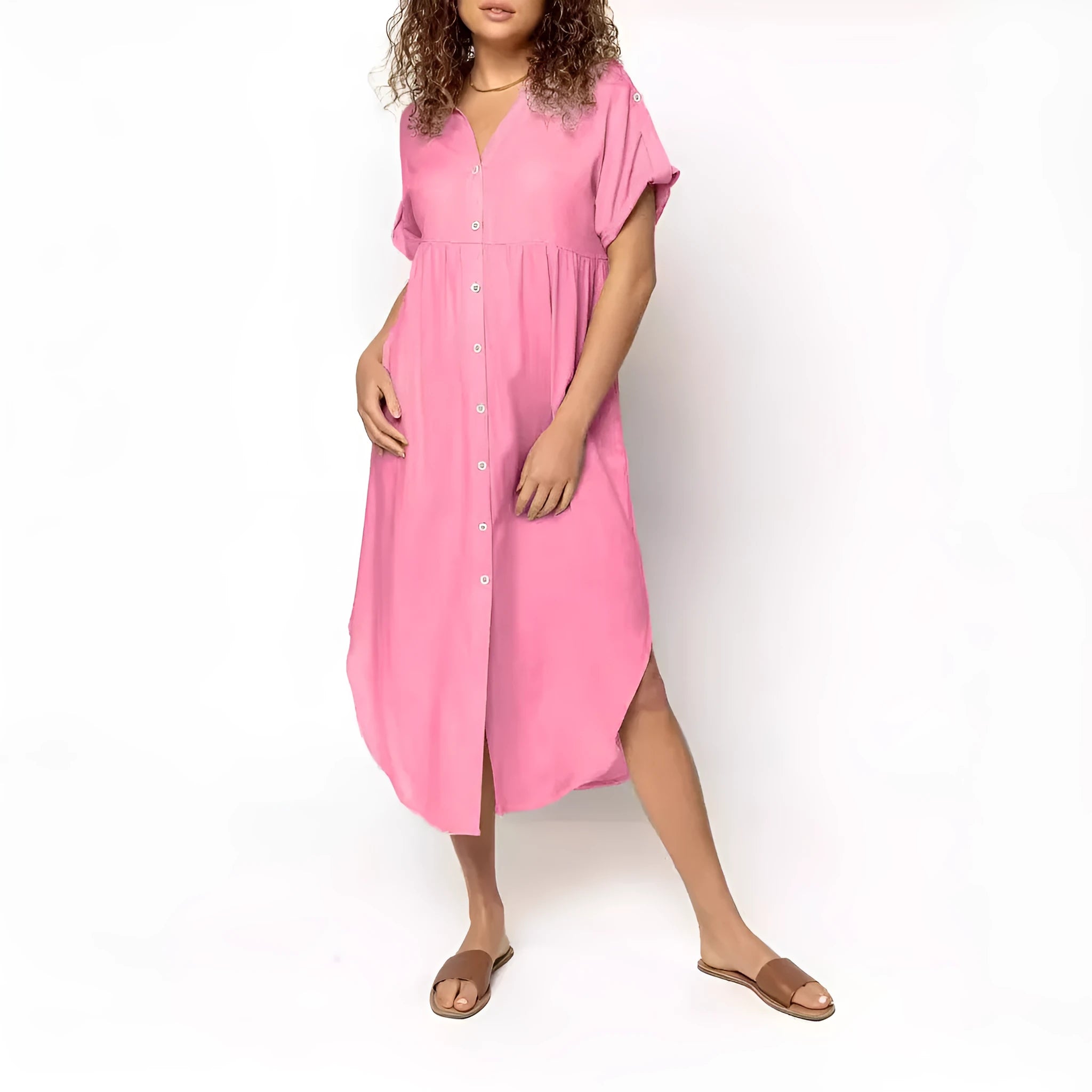 Women's loose fit casual dress with button front and mid-length skirt in solid colour.