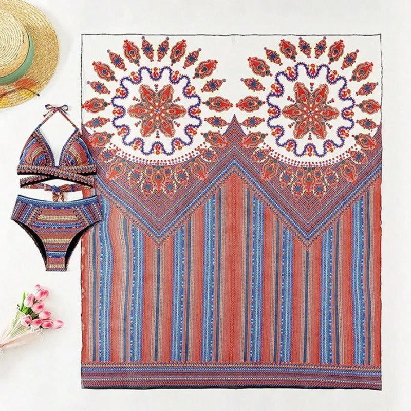 Women's three-piece swimsuit set in pictured colour, showing cutout top, high-waist shorts, and short-sleeved cover-up coat laid flat.