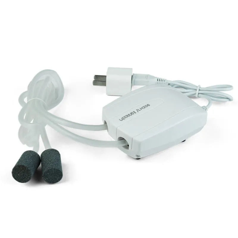 White aquarium air pump mini compressor with ABS shell, single outlet, steel clip, and air stone