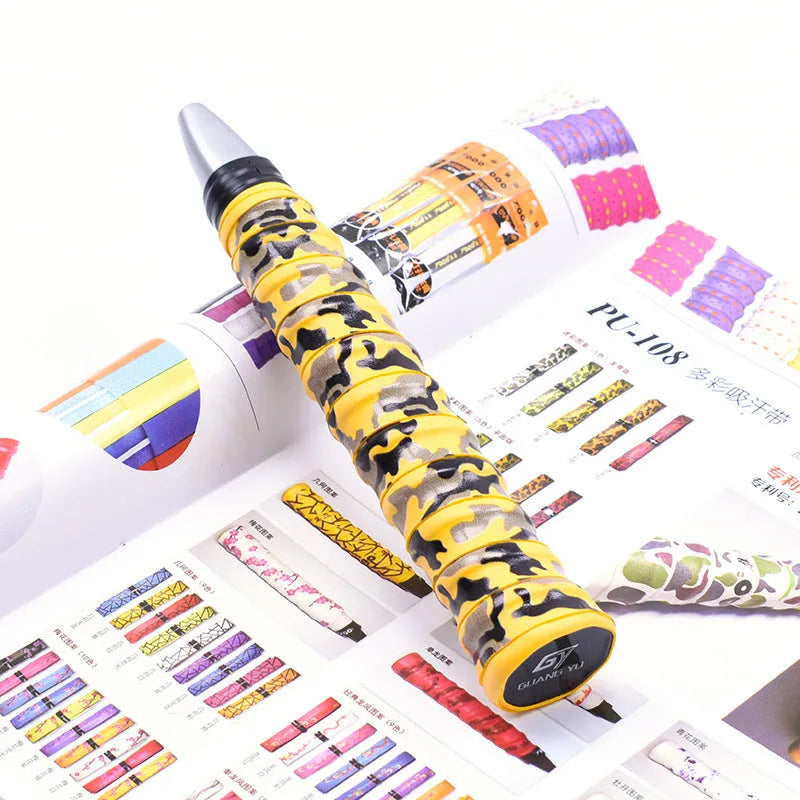 Roll of camouflage print PU grip tape for sports rackets and fishing rods in multiple colour options.