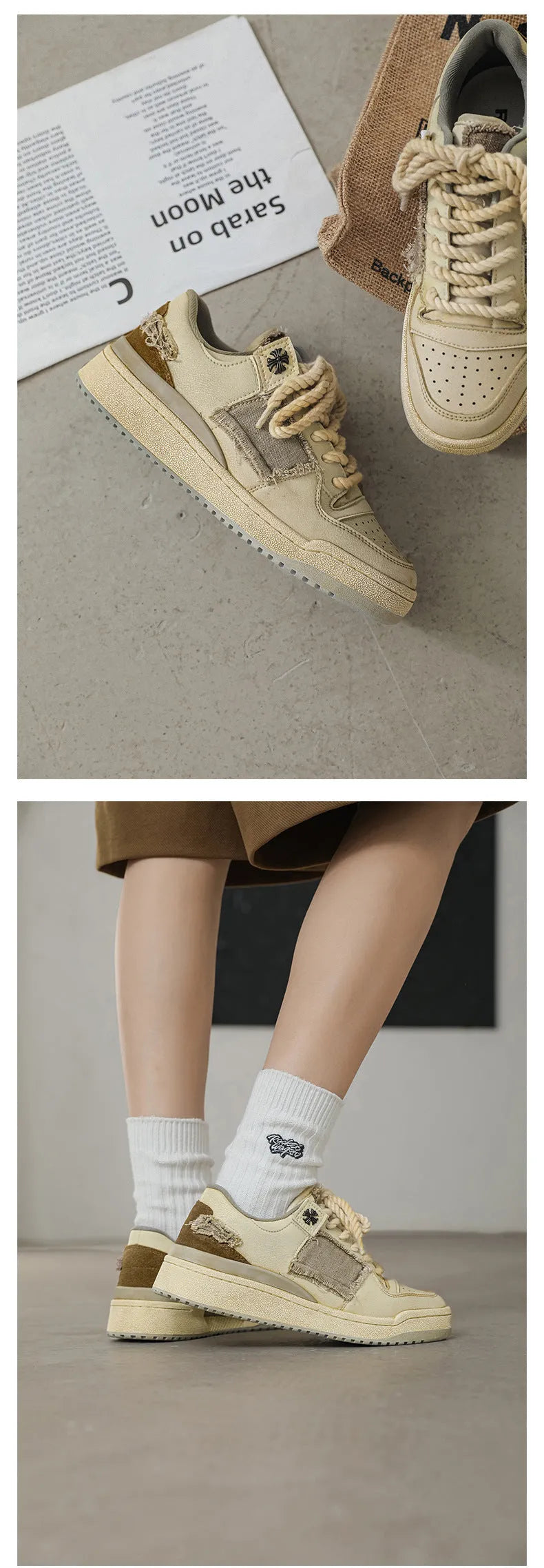 Beige low-top vintage skateboard shoes with microfiber upper and flat rubber sole.