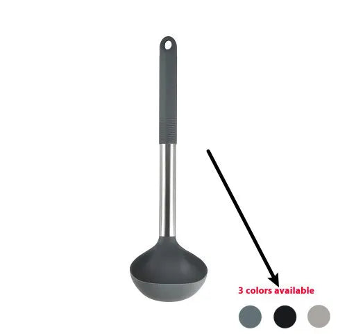 Black silicone kitchen utensil set with 12 tools stored in a rotating plastic storage bucket on a worktop.