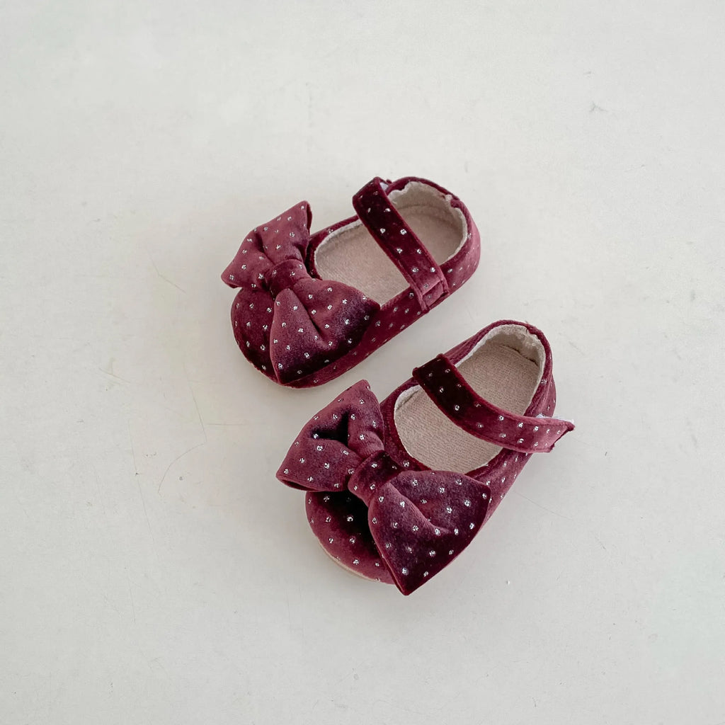Baby girl toddler shoes with big bow, rubber sole, low top, sizes 11cm to 13cm, black magenta melange grey
