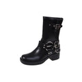 Women's black platform fashion boots with buckle straps and middle calf length