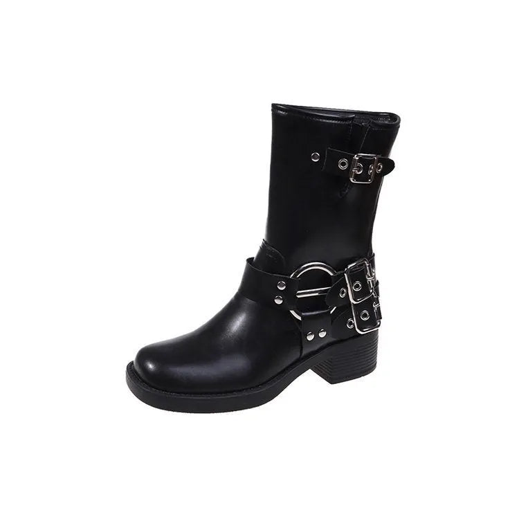 Women's black platform fashion boots with buckle straps and middle calf length