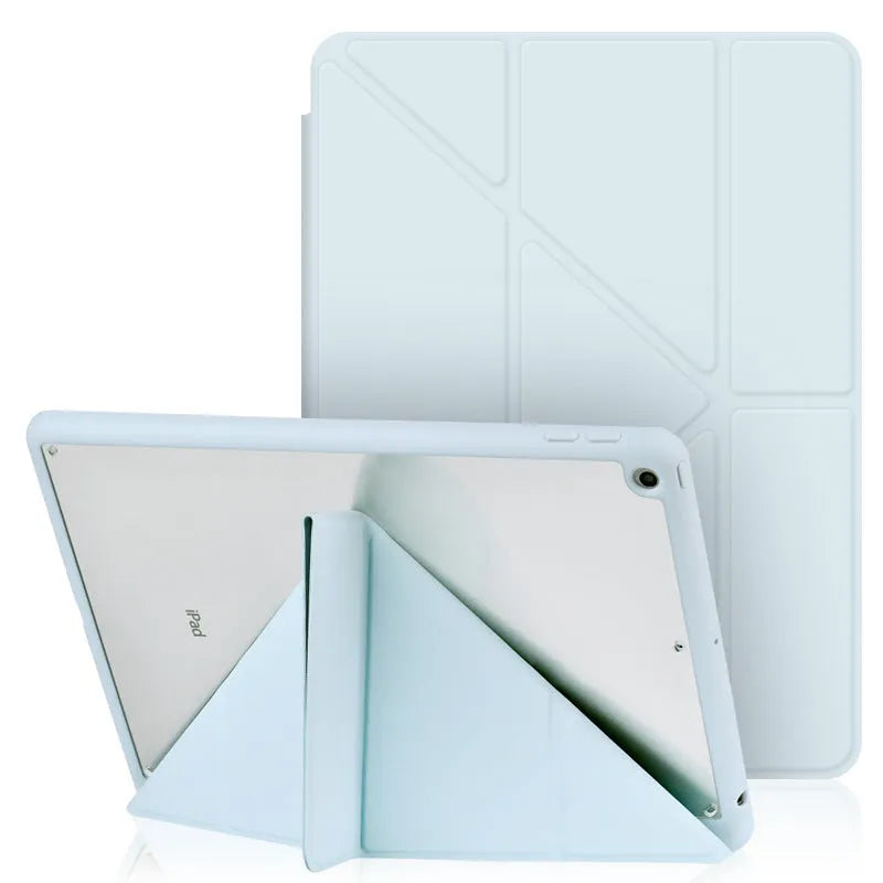 iPad leather case with folding stand open showing Apple Pencil slot and six colour options