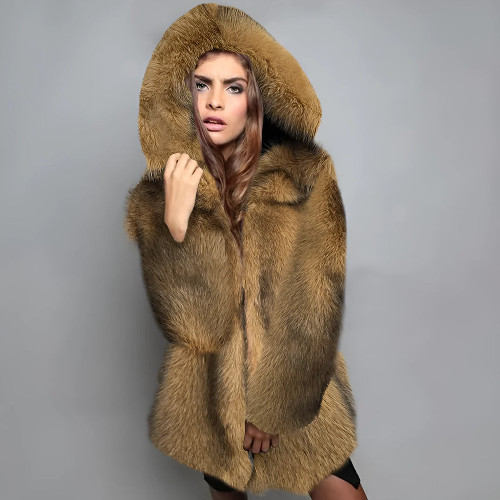 Women's silver grey artificial fur mid-length coat with a loose fit on a hanger.