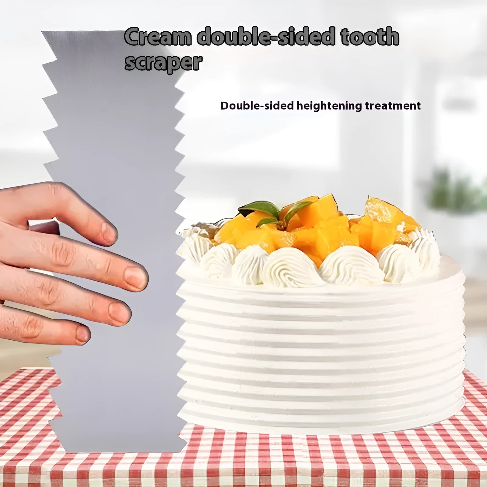 Stainless steel cake decorating scraper with multiple polygon-pattern heads for textured finishes.