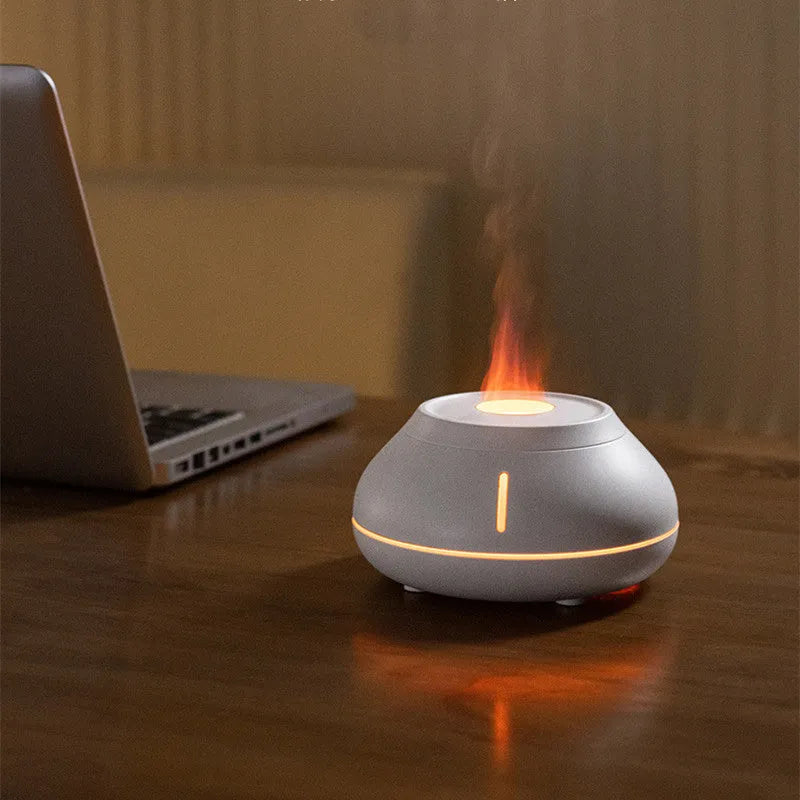 Flame effect aroma diffuser humidifier with colourful LED light, 130ml capacity, round shape, USB plug-in, white black or cracked black
