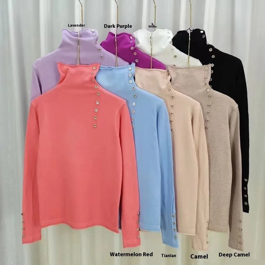 Ladies slim fit knitted pullover shirt in light camel colour on a hanger.