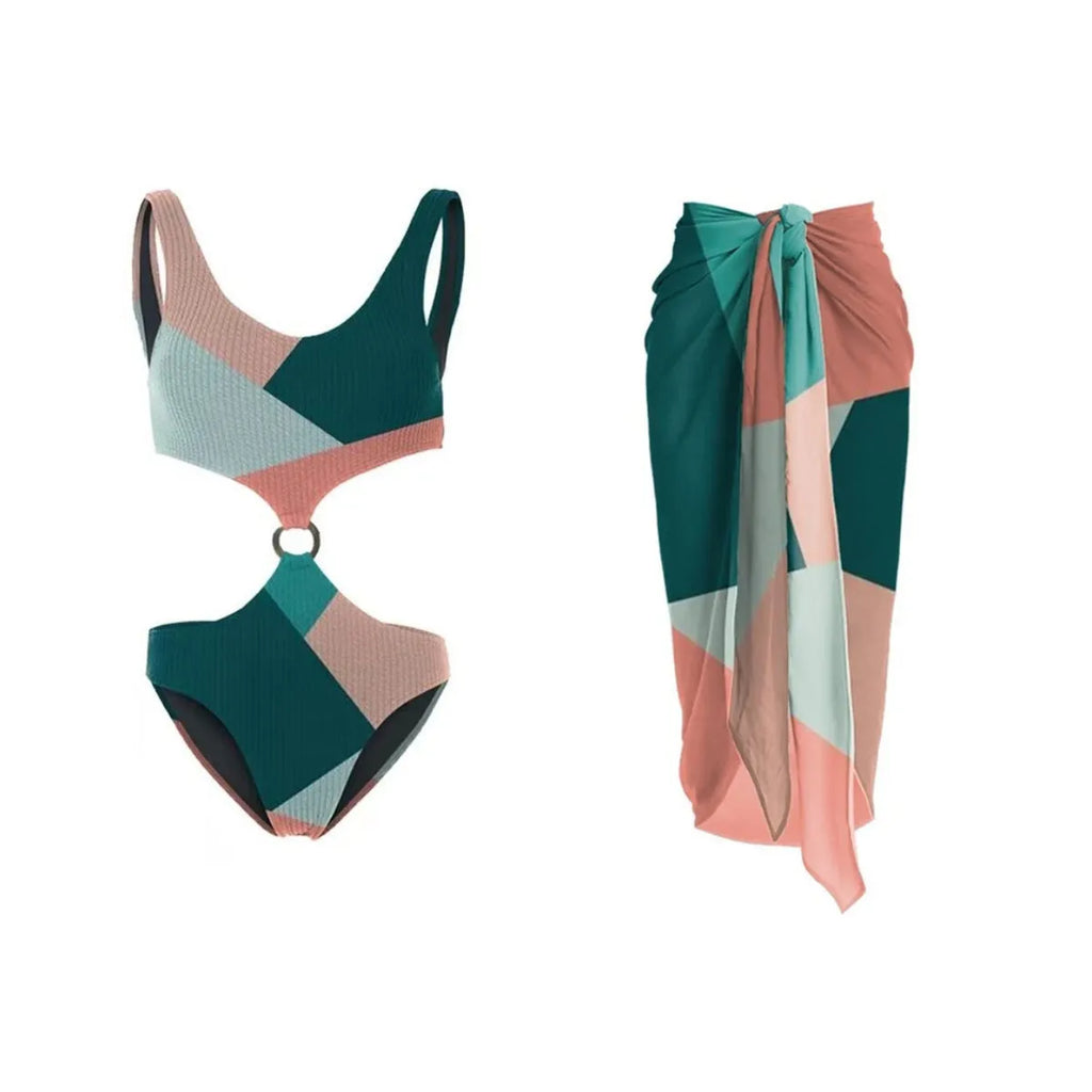 Two-piece contrast colour bikini set with mesh gauze skirt, backless European style design
