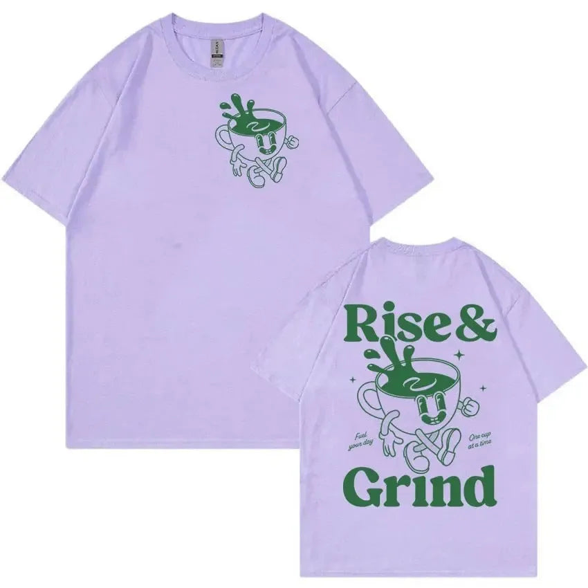 Man's loose fit linen t-shirt featuring a green 'Rise And Grind' coffee cartoon graphic print.
