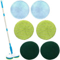 Handheld cordless electric floor cleaning mop with USB charging port and blue microfiber cloth attached.