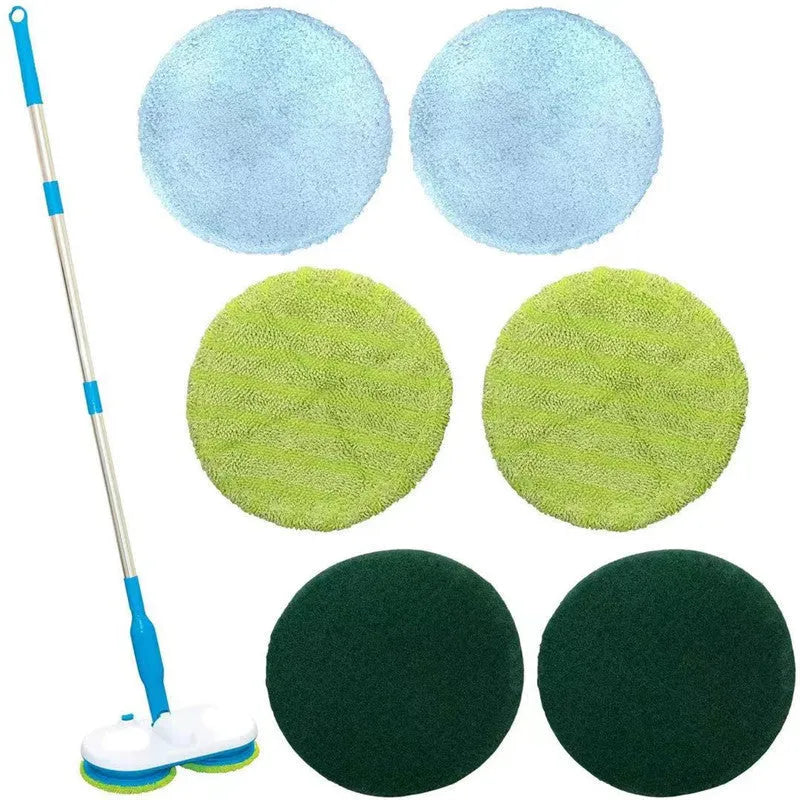 Handheld cordless electric floor cleaning mop with USB charging port and blue microfiber cloth attached.