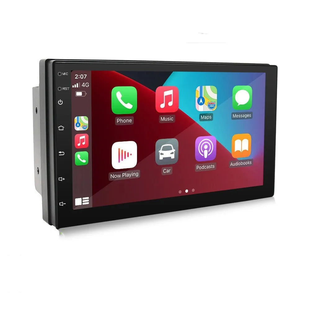 Black universal in-car MP5 player with 7-inch touchscreen for GPS navigation, CarPlay, and Android Auto.