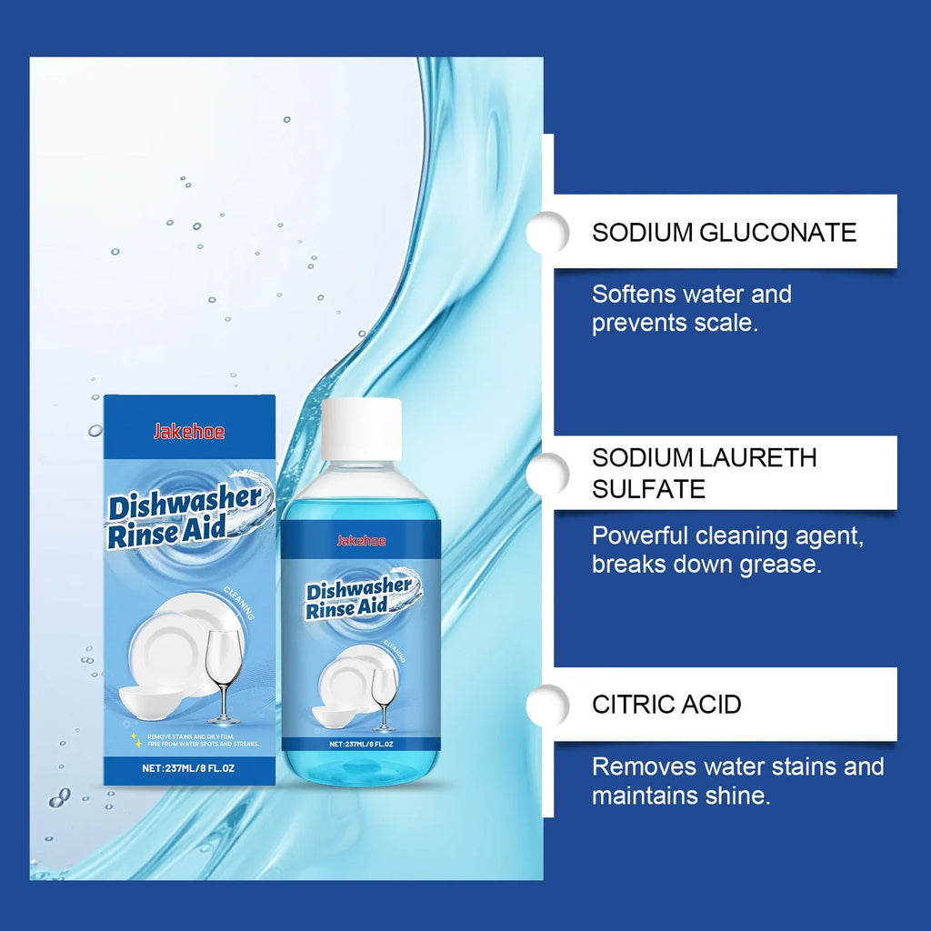 237mL bottle of dishwasher cleaning aid liquid for removing oil and grease stains from plates