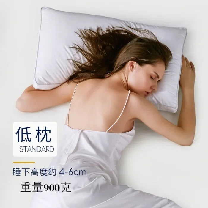 White hotel pillow with satin stripe or plain cotton cover, shown in 45x65cm, 48x74cm, and 50x80cm sizes.