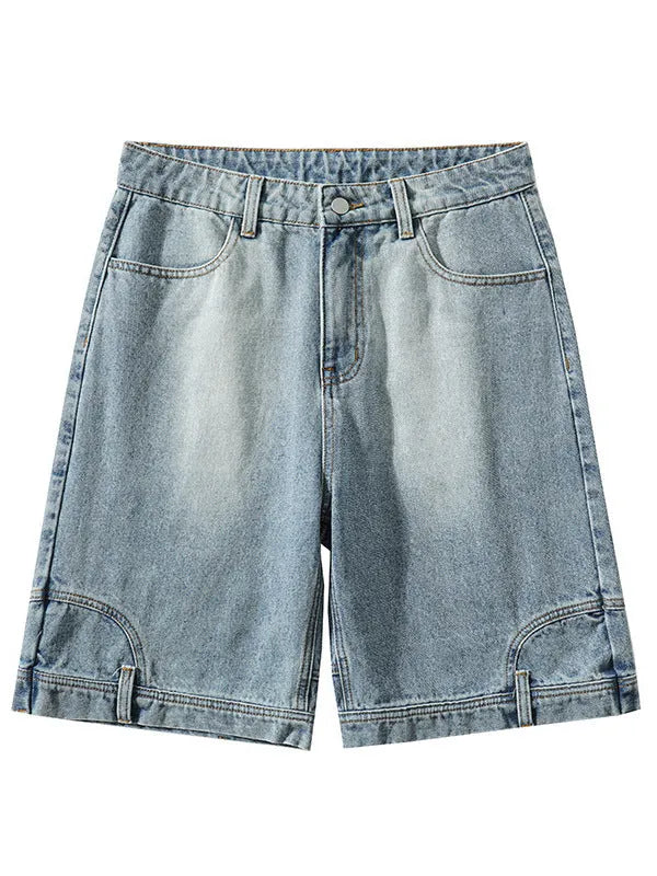 Men's blue loose straight Bermuda denim shorts with mid waist, cotton main fabric, sizes M to 5XL