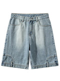 Men's blue loose straight Bermuda denim shorts with mid waist, cotton main fabric, sizes M to 5XL