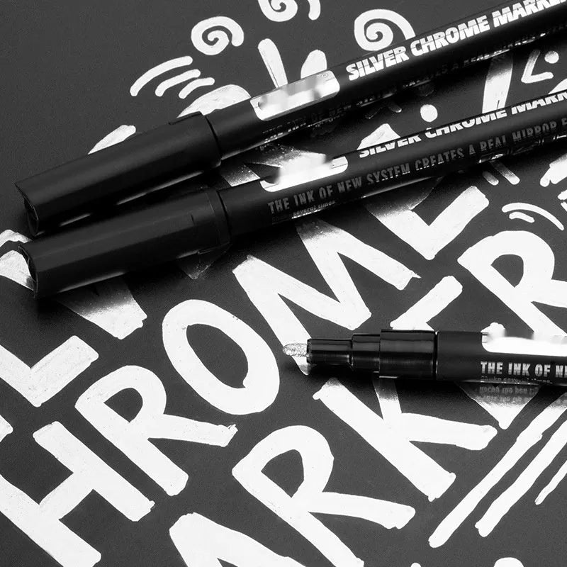Waterproof mirror marker pen with plastic cap, shown with 1mm and 2mm tip size options.