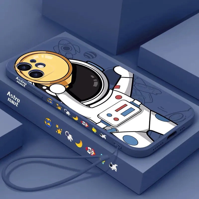 Cartoon astronaut and planet design on a black silicone phone case for iPhone.