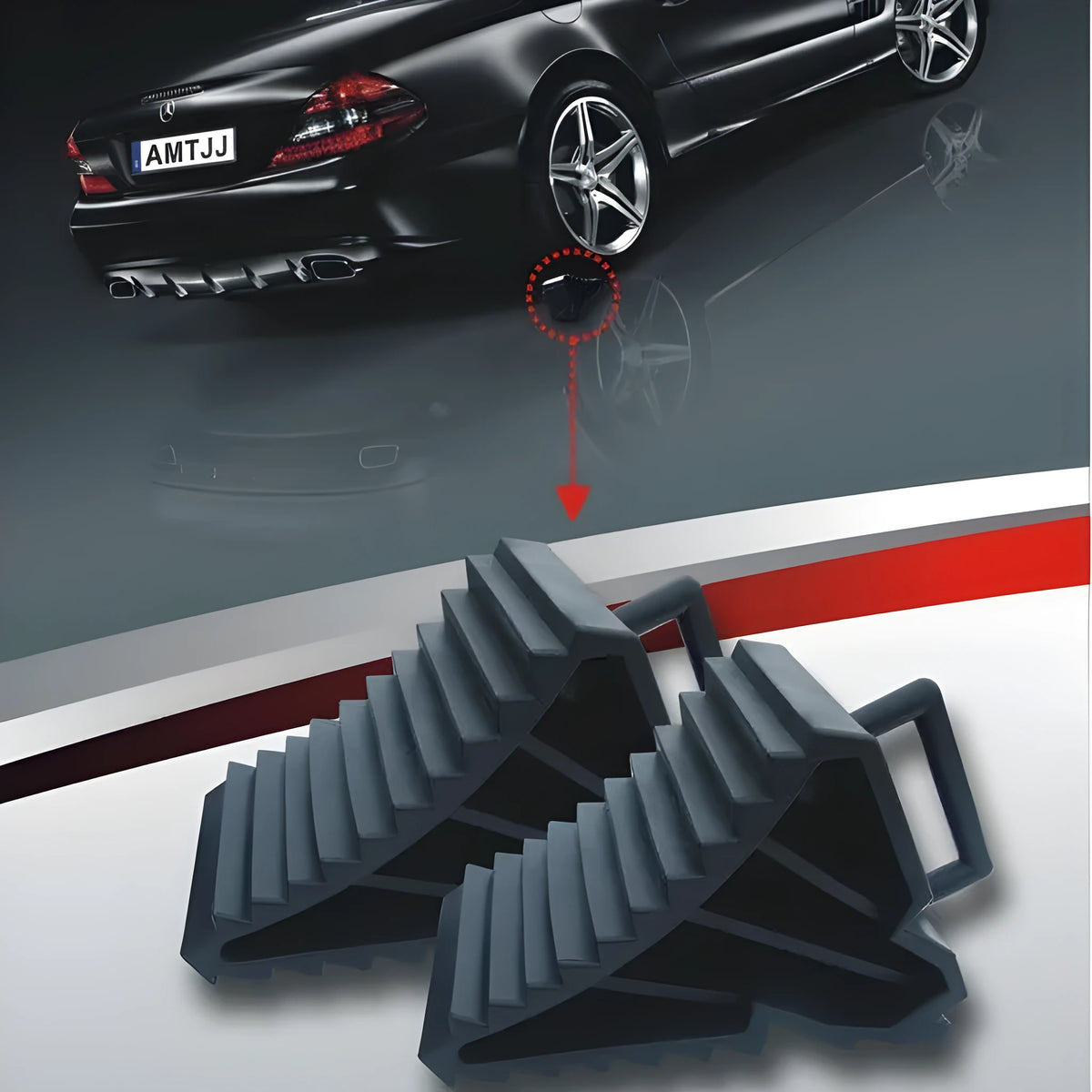 Car wheel anti-slip device skid stop parking locator in pure black, one pair with two packaging boxes