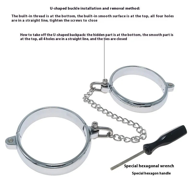Silver zinc alloy handcuffs and footcuffs set with stainless steel watch bracelet, four size options