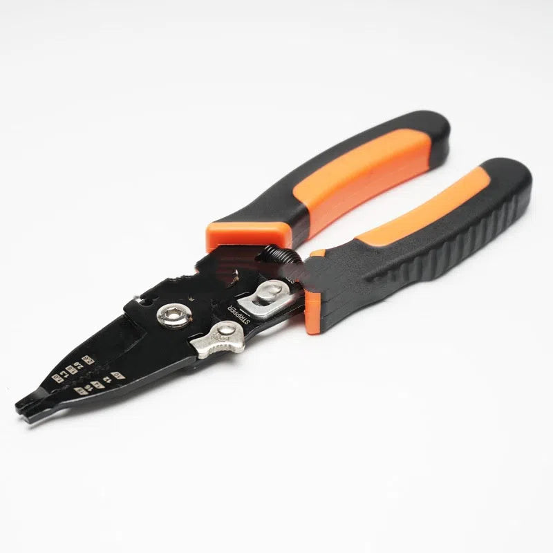 Orange multi-functional wire stripper with 65# steel clamp body and PVC handle, for stripping AWG 10-18 and crimping AWG 16-18 and 10-14