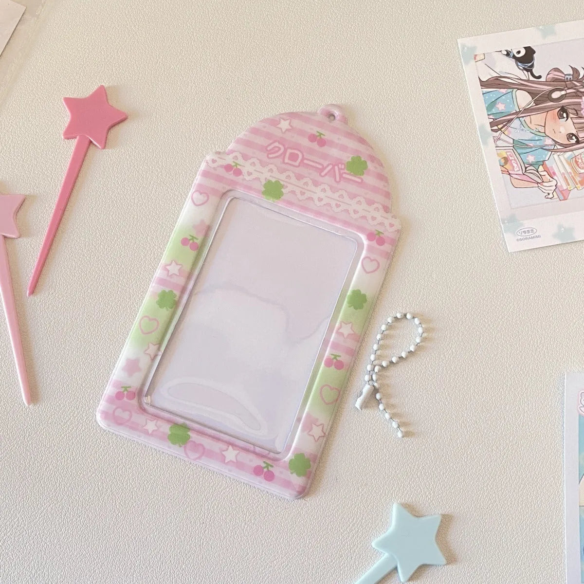 Plaid strawberry cartoon design PVC card holder measuring 7.6 by 13.6 centimetres.