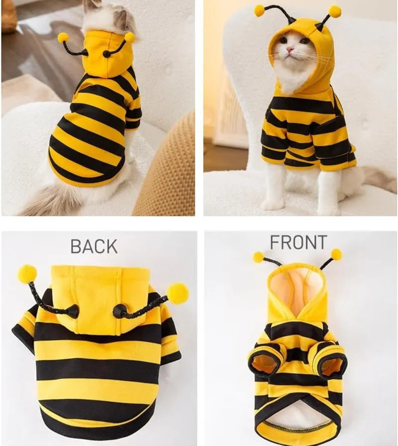 Yellow black bee stripe pet hoodie with flexible antennae on hood and belt hook on back, for dogs and cats