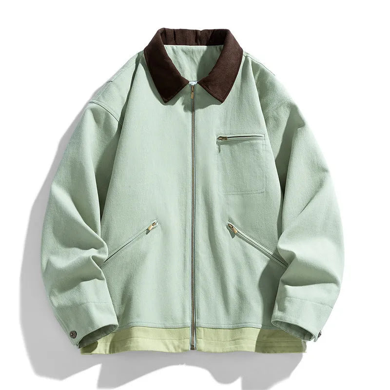 Men's loose fit retro work jacket with contrasting lapels in polyester fabric