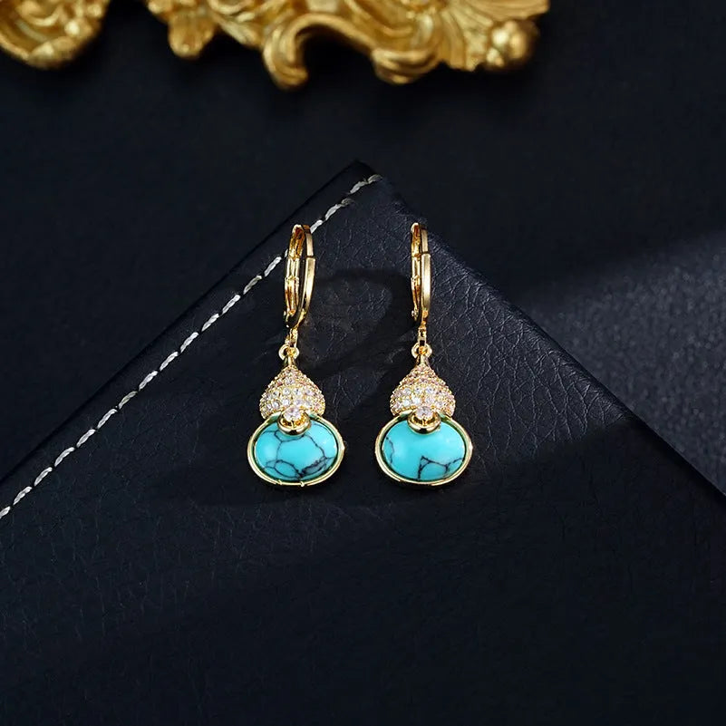 Turquoise gourd earrings and necklace set in brass with 18K real gold plating and electroplated finish