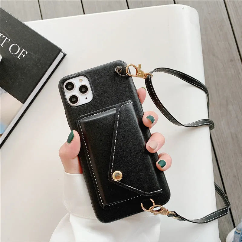 Embossed imitation leather phone case with raised card holder and detachable crossbody rope for iPhone