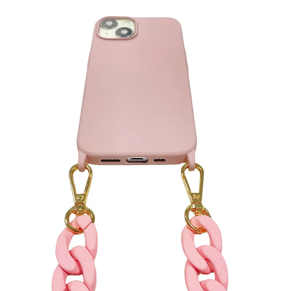 DIY frosted handle chain phone cover in liquid silicone for iPhone with shoulder sling, shockproof anti-fall protection